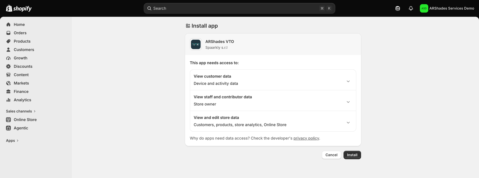 Shopify permission screen for ARShades VTO