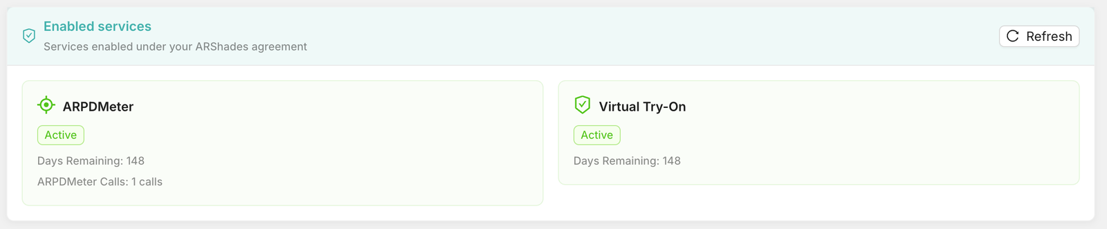 License page - Enabled services, with ARPDMeter and Virtual Try-On