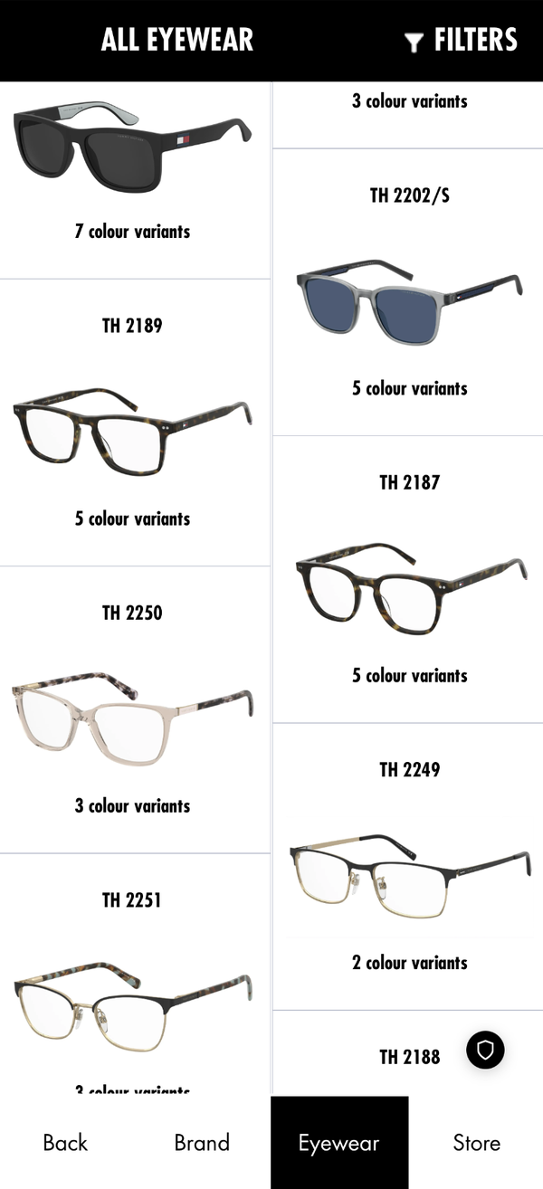 Collection grid with colour variant counts and a filters button