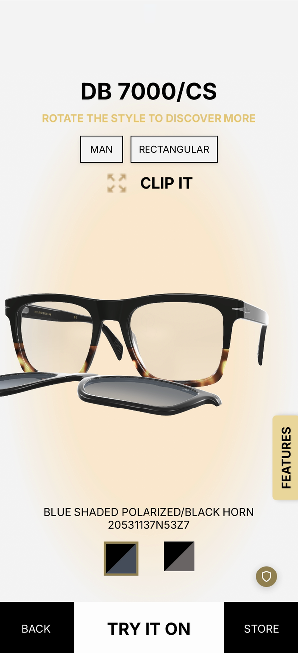 Product page of an optical frame with its sun clip-on