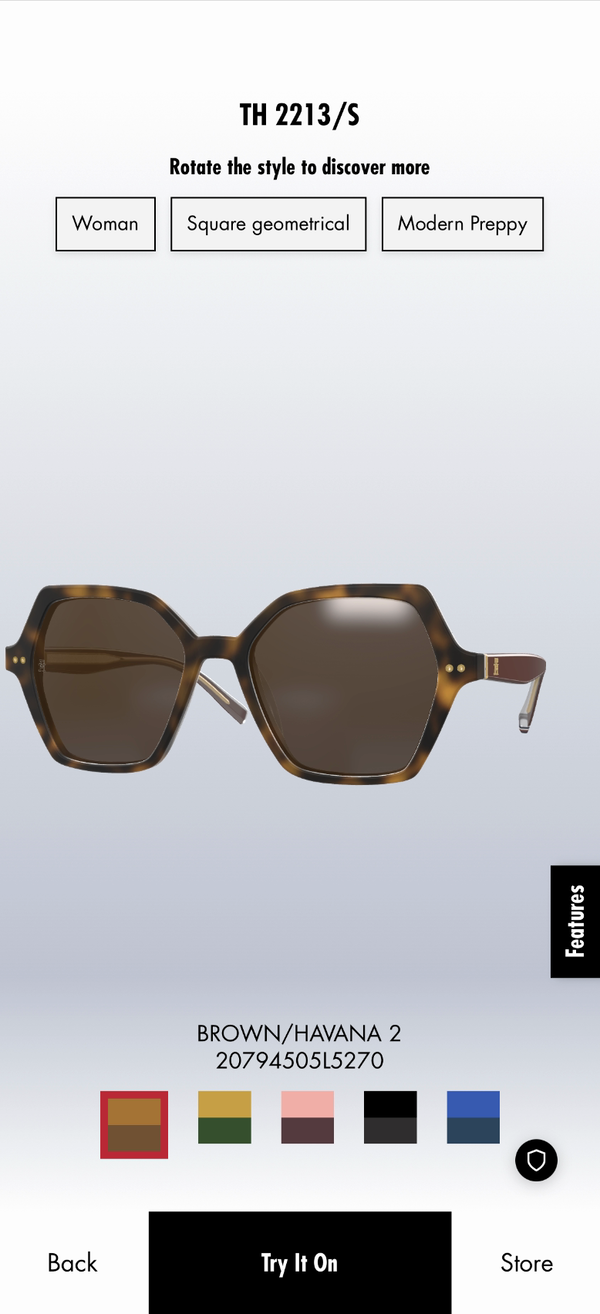 Product page with a 3D frame, style tags and colour variants