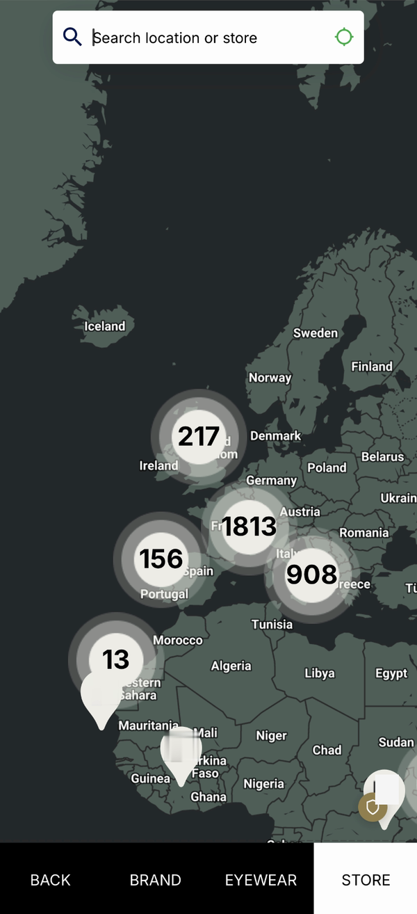 Store locator map with clustered store counts across Europe